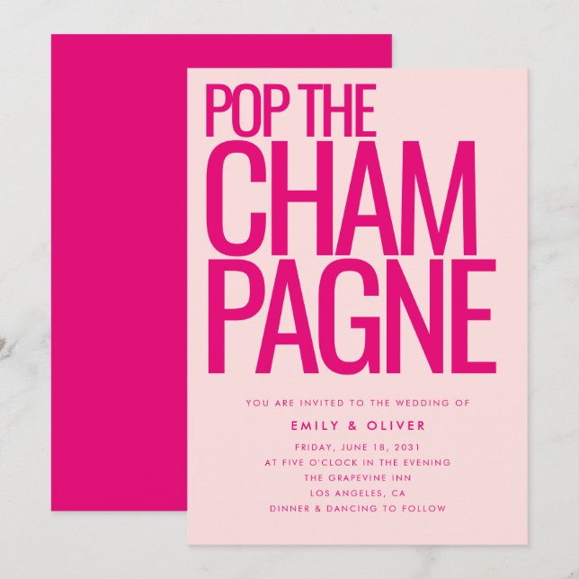 Dicke Neon Pink Pop der Champagne Moderne Hochzeit Einladung (Vorne/Hinten)
