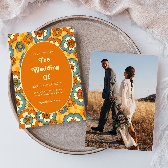 Dicke Orange Blume Retro 70er Foto Hochzeit Einladung (Von Creator hochgeladen)