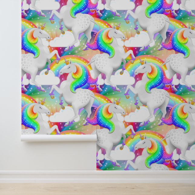 Dicke Regenbogen Unicorn Muster | Kinderzimmer Tapete (Anwendung)