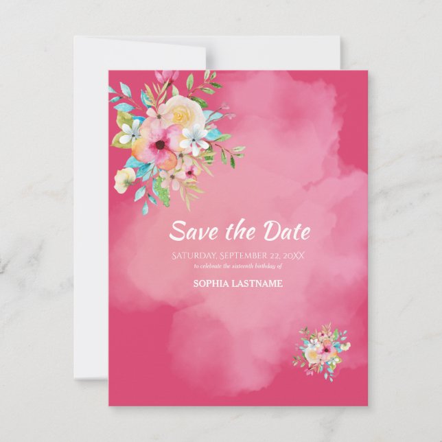 Dicke rosa Blütensüß 16 Save the Date flache Karte (Vorderseite)