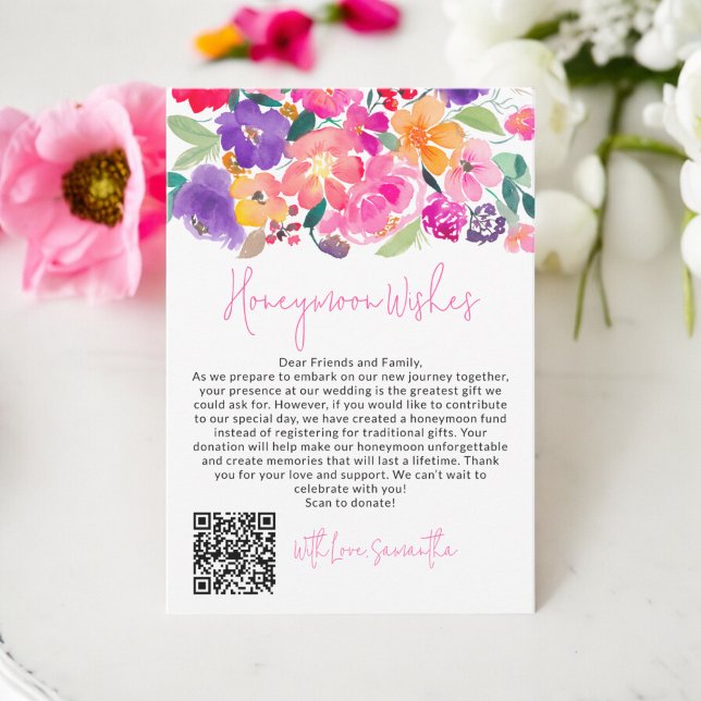 Dicke rosa florale Aquarellfarbe Qr Flitterwochen  Begleitkarte (Bold pink floral watercolor Qr honeymoon wishes Enclosure Card)