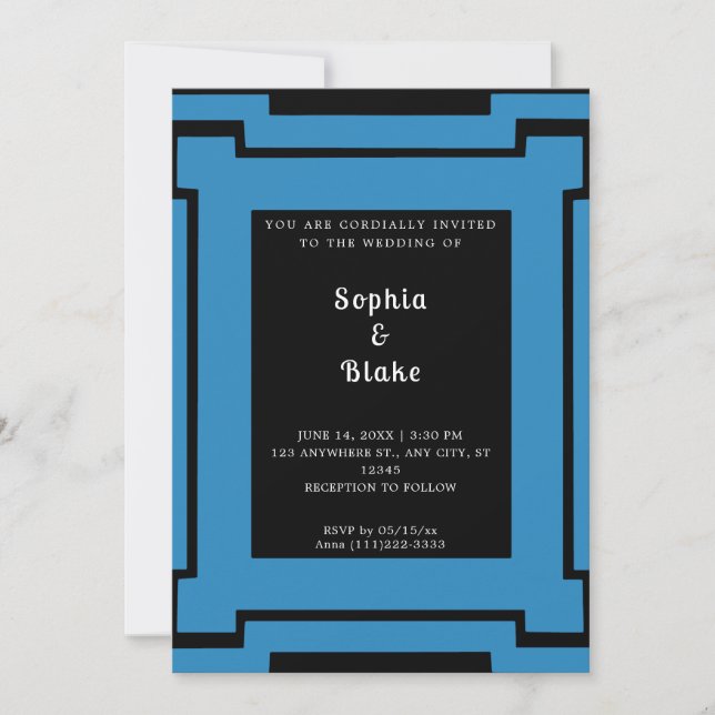 Dicke Schwarz-Blau Art Deco Hochzeit Einladung (Vorderseite)