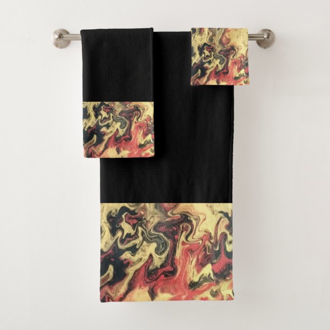 Dicke Schwarz Rot Gold Abstraktes Bad Handtuch Set (Insitu)