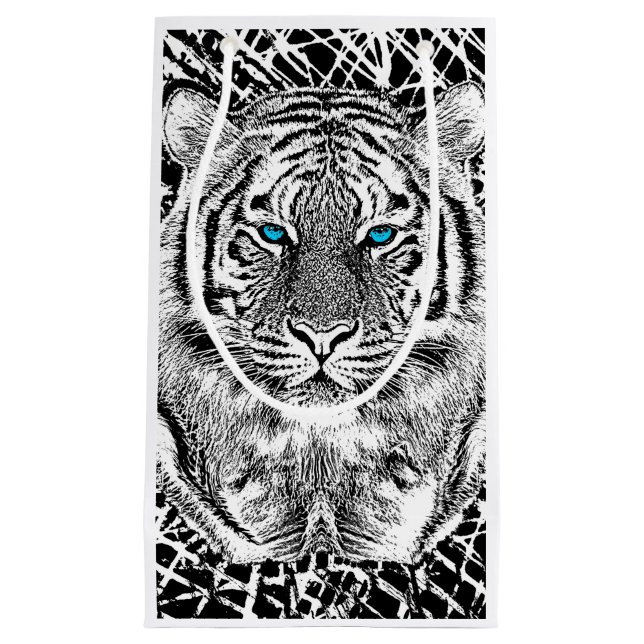 Dicke schwarz-weiß blaue Augen Tiger Kleine Geschenktüte (Vorderseite)