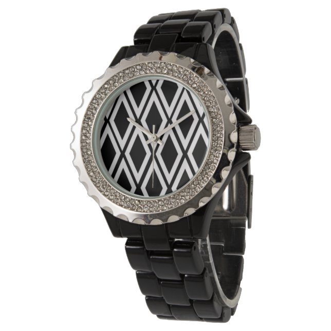 Dicke Schwarz-Weiß-Diamant-Muster Armbanduhr (Schrägansicht)
