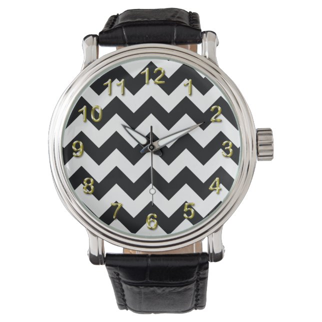 Dicke Schwarz/Weiß Zickzack Zig Zag Muster Armbanduhr (Vorderseite)