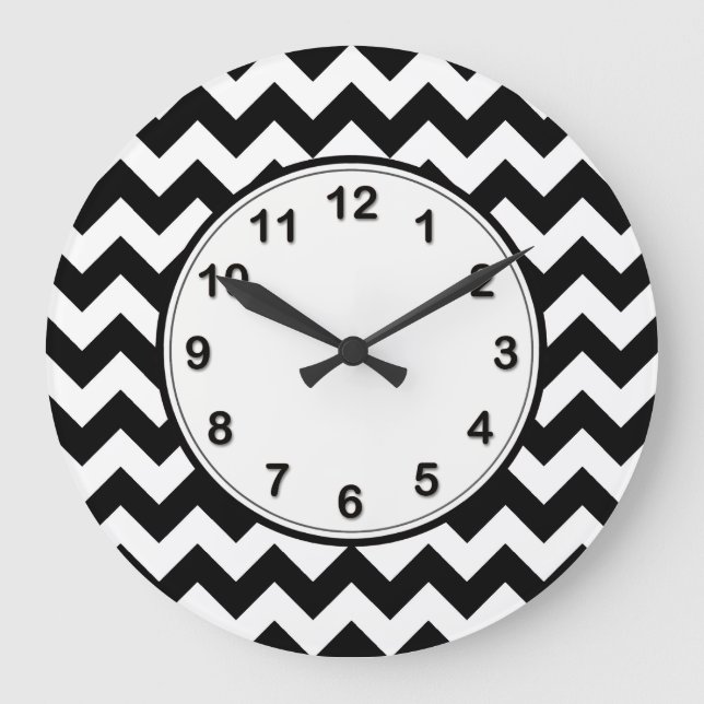Dicke Schwarz/Weiß Zickzack Zig Zag Muster Große Wanduhr (Vorderseite)