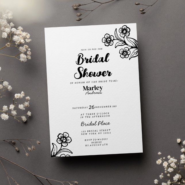Dicke Schwarz-weiße Typografie florales Brautparty Einladung (Bold black white typography floral Bridal Shower)