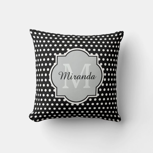 Dicke schwarze und weiße Polka Dots Monogramm und  Kissen (Vorderseite)