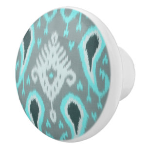 Dicke Türkis Blau Grau Ikat Tribal Art Muster Keramikknauf