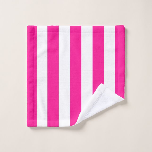 Dicke vertikale Streifen tief rosa und weiß gestre Badhandtuch Set (Waschlappen)