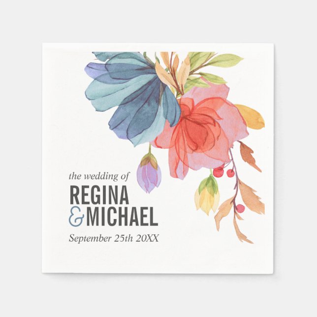 Dicke Wasserfarbenblaue Wildblumen Monogramm Hochz Serviette (Vorderseite)