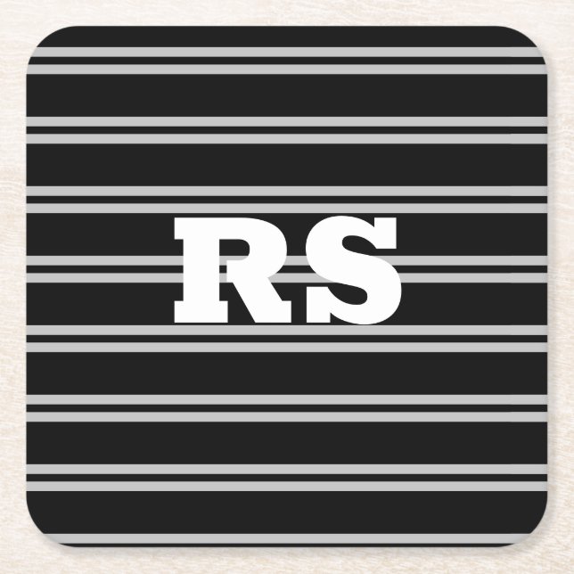 Dicke weiße Monogramm, Lt Gray Linien auf schwarz Rechteckiger Pappuntersetzer (Vorderseite)