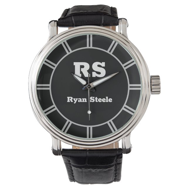 Dicke weiße Monogramm und Name, Lt Gray Lines auf  Armbanduhr (Vorderseite)