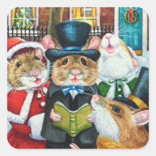 Dickens Christmas Caroling Mäuse Wasserfarbe Kuns Quadratischer Aufkleber