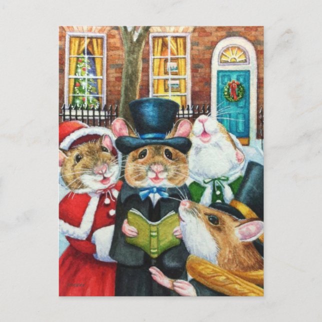 Dickens Christmas Caroling Mäuse Wasserfarbe Kunst Postkarte (Vorderseite)