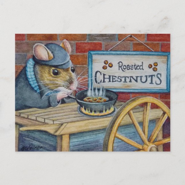 Dickens Christmas Mouse Rösten Kastanien Kunst Postkarte (Vorderseite)