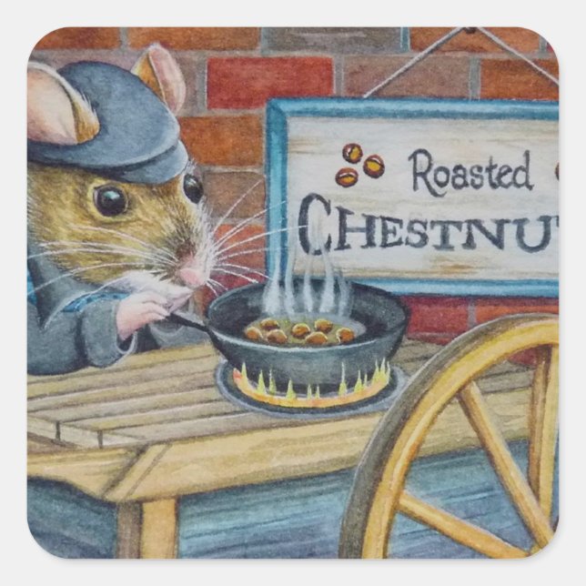 Dickens Christmas Mouse Rösten Kastanien Kunst Quadratischer Aufkleber (Vorderseite)