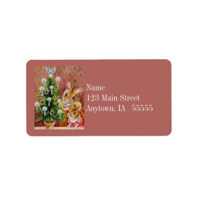 Dickens Christmas Tree Trimming Mouse Art Adressaufkleber (Vorne)