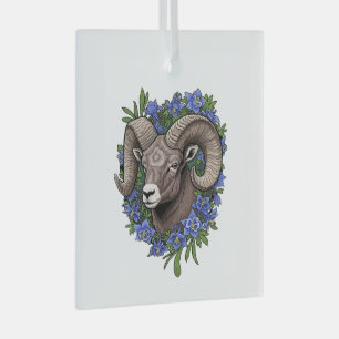 Dickhornschafe und blaue Colorado-Akelei-Blumen Ornament Aus Glas