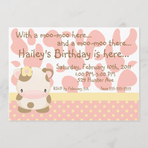 Diddles Farm Moo-Cow Pink Invitation d'anniversair