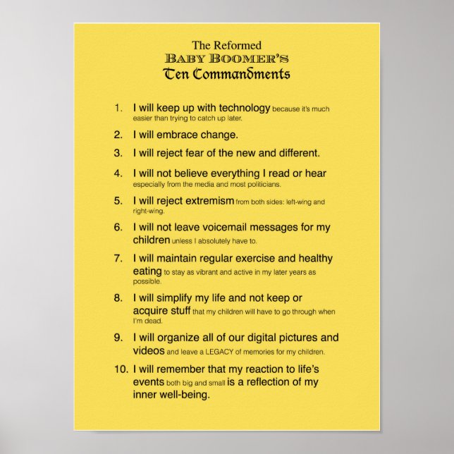 Die 10 Gebote des reformierten Babyboomer Poster (Vorne)