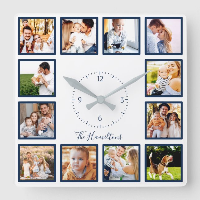 Die 12 Fotos der Familie versammeln Chic Blau und  Quadratische Wanduhr (Vorderseite)