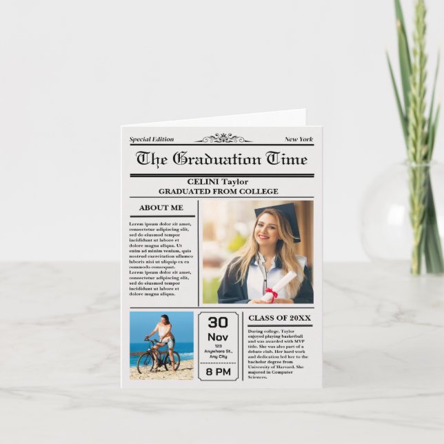 Die Abschluss News! Druckfähige Zeitung Keepake Einladung (Vorderseite)
