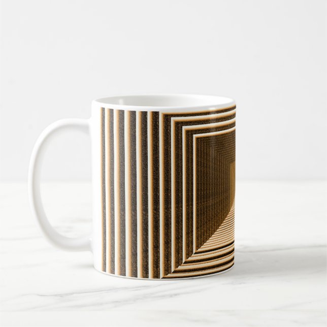 Die abstrakte gelbe Pyramide wird in der Tiefe Kaffeetasse (Links)