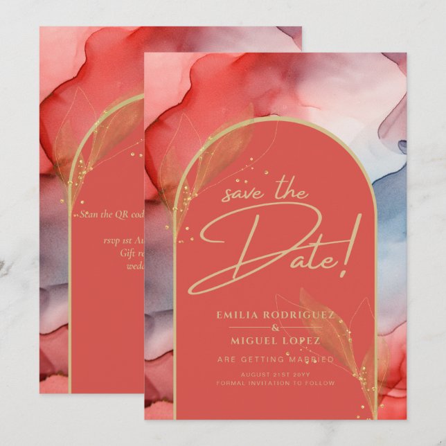 Die Abstrakte Orange Red Gold Navy Save the Date Einladung (Vorne/Hinten)