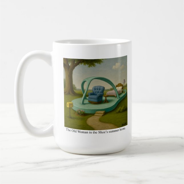 Die Alte Frau im Sommer-Zuhause des Schuhs. Kaffeetasse (Links)