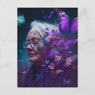 Die ältere Frau mit Lila Schmetterlingen Postkarte