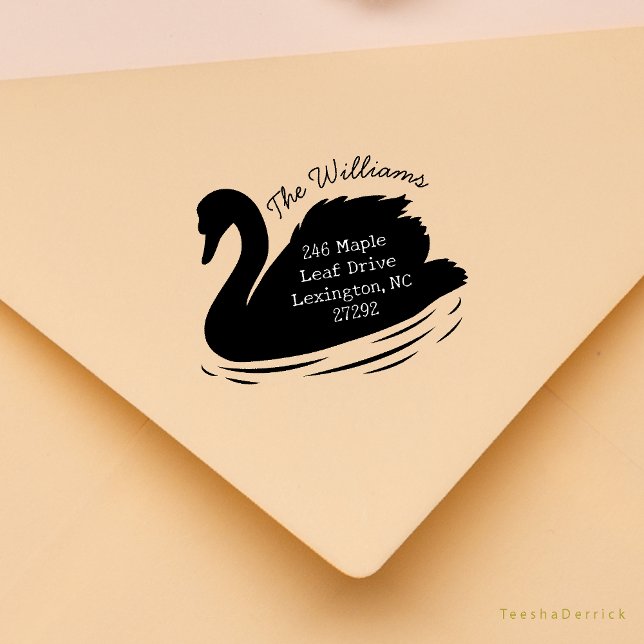Die Ankündigung der Swan-Rücksendeadresse durch un Gummistempel (Our New House Announcement Cute Swan silhouette shape or Wedding RSVP Return Address Rubber Stamp)