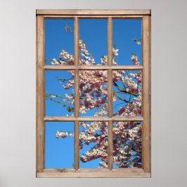 Die Ansicht der Kirschbaume aus einem Fenster blüh Poster
