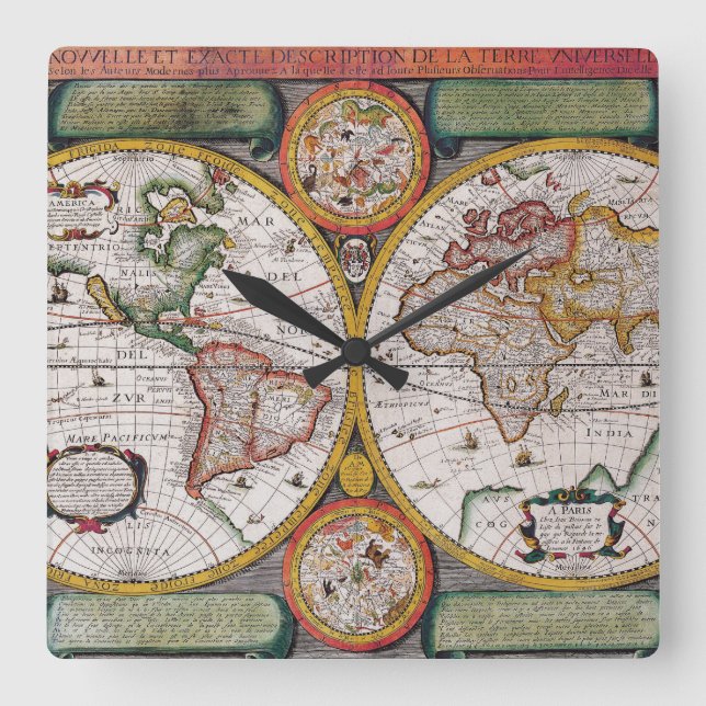 Die antike französische Karte der Welt Quadratische Wanduhr (Vorderseite)