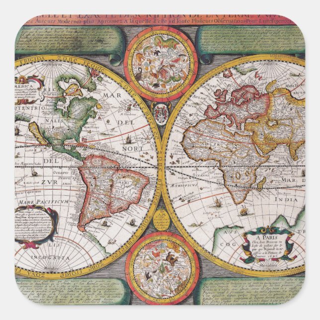 Die antike französische Karte der Welt Quadratischer Aufkleber (Vorderseite)