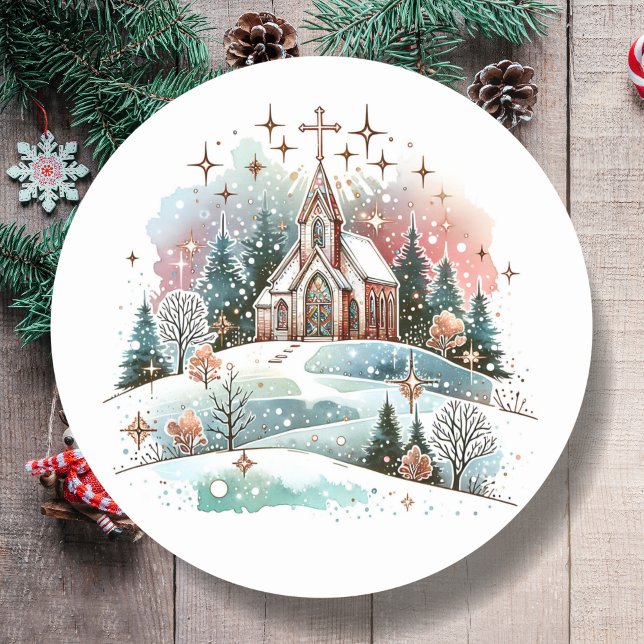 Die Aquarellkirche an einem Winterweihnachtsfest Runder Aufkleber (Von Creator hochgeladen)