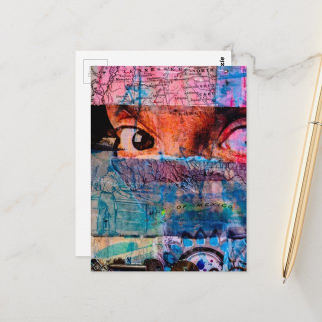 Die Augäpfel abstraktes Junk-Journal Collage AI Postkarte (Vorderseite/Rückseite Beispiel)