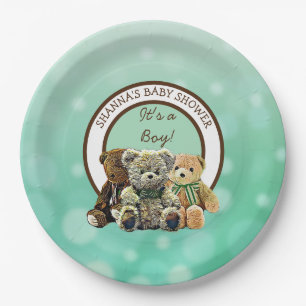 Die Baby-Dusche des grünen und braunen Teddy Bären Pappteller