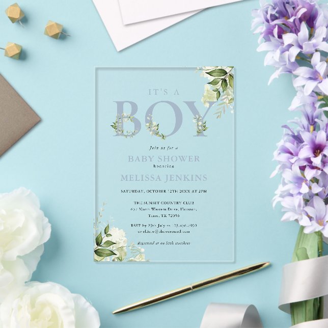 Die Baby-Dusche ist ein Junge Dusty Blue Greeneren Acryleinladungen (In Situ (Hochzeit))