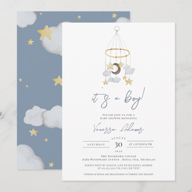 Die Babydusche "Boy Moon and Stars" mit Kinderzimm Einladung (Vorne/Hinten)