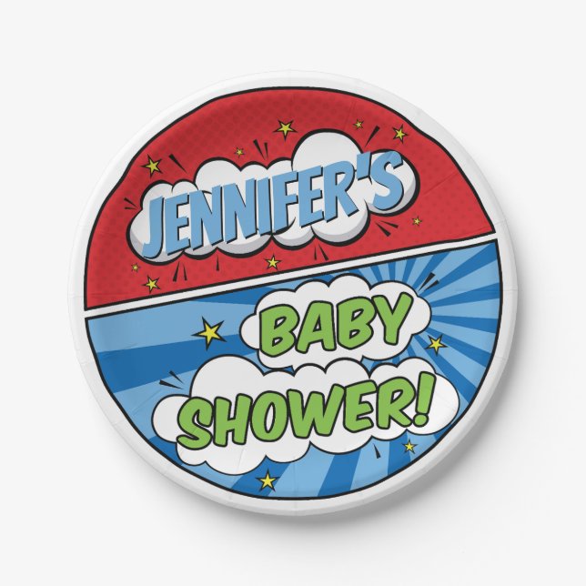 Die Babydusche des Superhero Comic ist ein Kinderb Pappteller (Vorderseite)