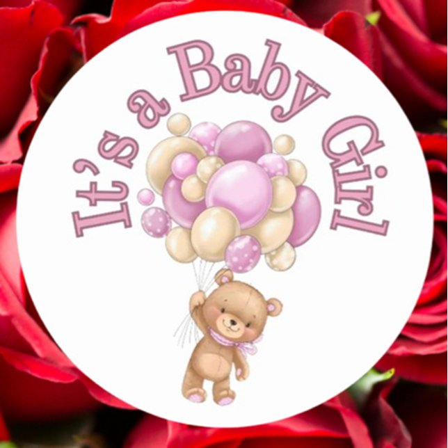 Die Babydusche eines Mädchens Runder Aufkleber (Celebrate your baby girl’s arrival with this adorable bear baby shower sticker)