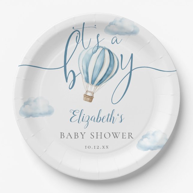 Die Babydusche ist ein Baby Blue Hot Air Ballon Pappteller (Vorderseite)