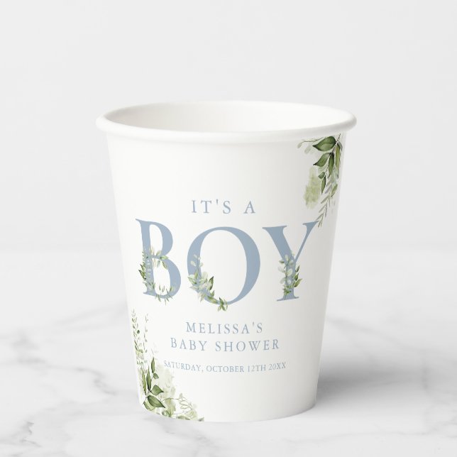 Die Babydusche ist eine Junge-Grüne Dusty Blue Let Pappbecher (Vorderseite)