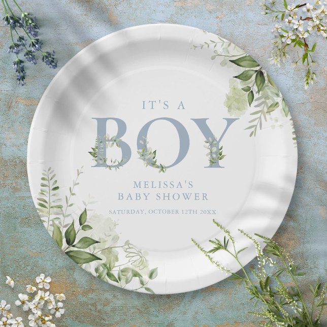 Die Babydusche ist eine Junge-Grüne Dusty Blue Let Pappteller (Its A Boy Greenery Dusty Blue Letter Baby Shower Paper Plates)