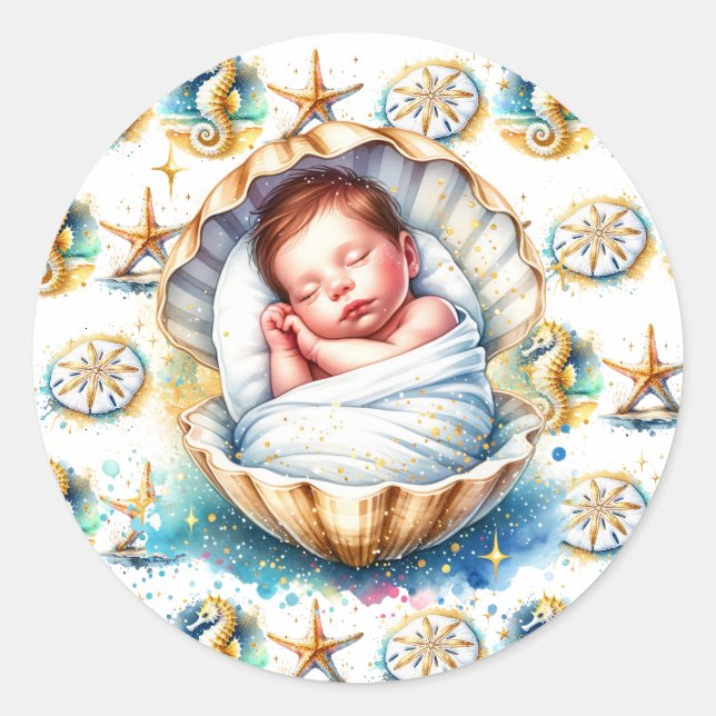 Die Babydusche von Beachy Boy Themed Coastal Runder Aufkleber (Vorderseite)