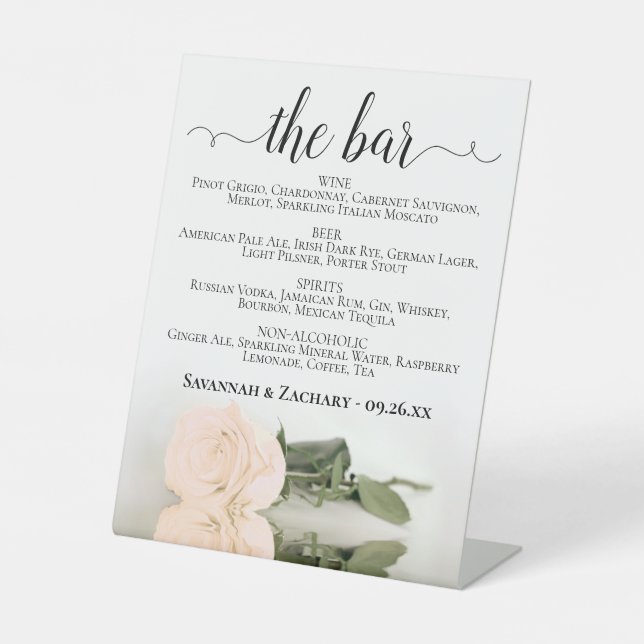 Die Bar - Elegante Peach Rose Drinks Menü Hochzeit Sockelschild (Vorderseite)