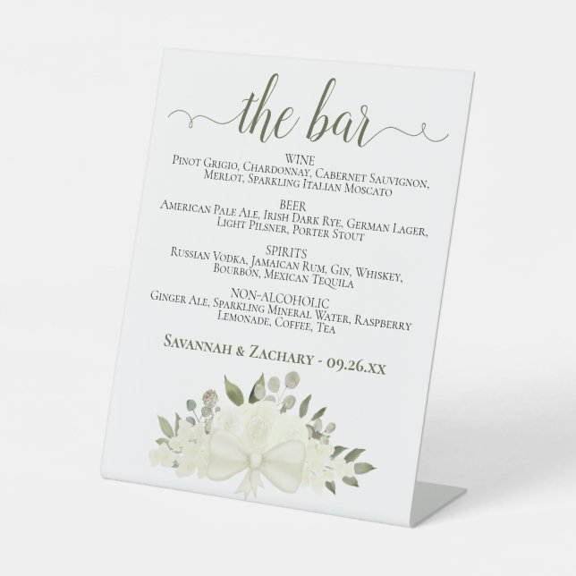 Die Bar - Ivory White Floral Drinks Menü Hochzeit Sockelschild (Vorderseite)