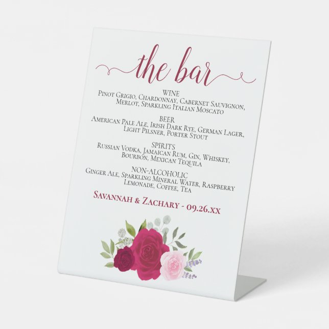 Die Bar - Magenta & Pink Roses Drinks Menü Hochzei Sockelschild (Vorderseite)